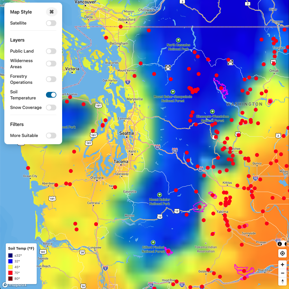 Soil temperature map layer on Forayz showing warm zones for morel fruiting