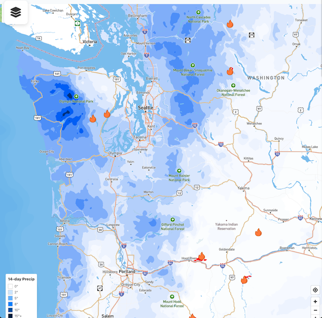 14-day precipitation map layer for mushroom foraging in the Pacific Northwest