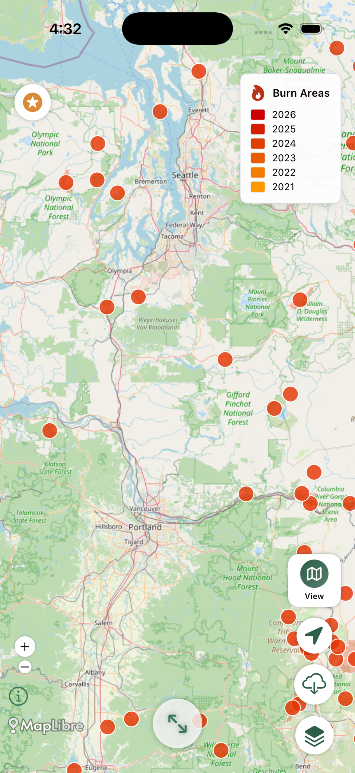 Forayz app showing wildfire burn perimeters across Washington and Oregon