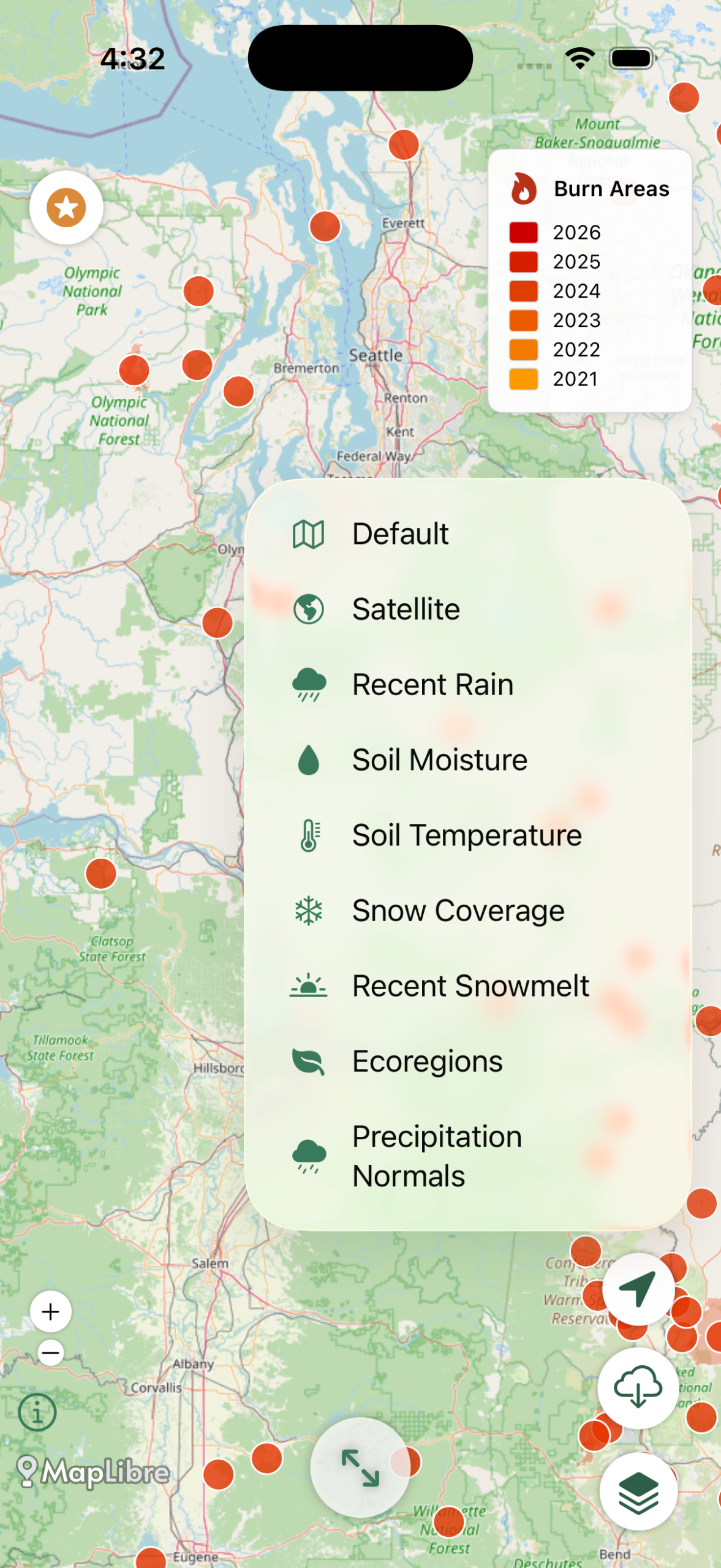 Forayz app layer menu with environmental data options