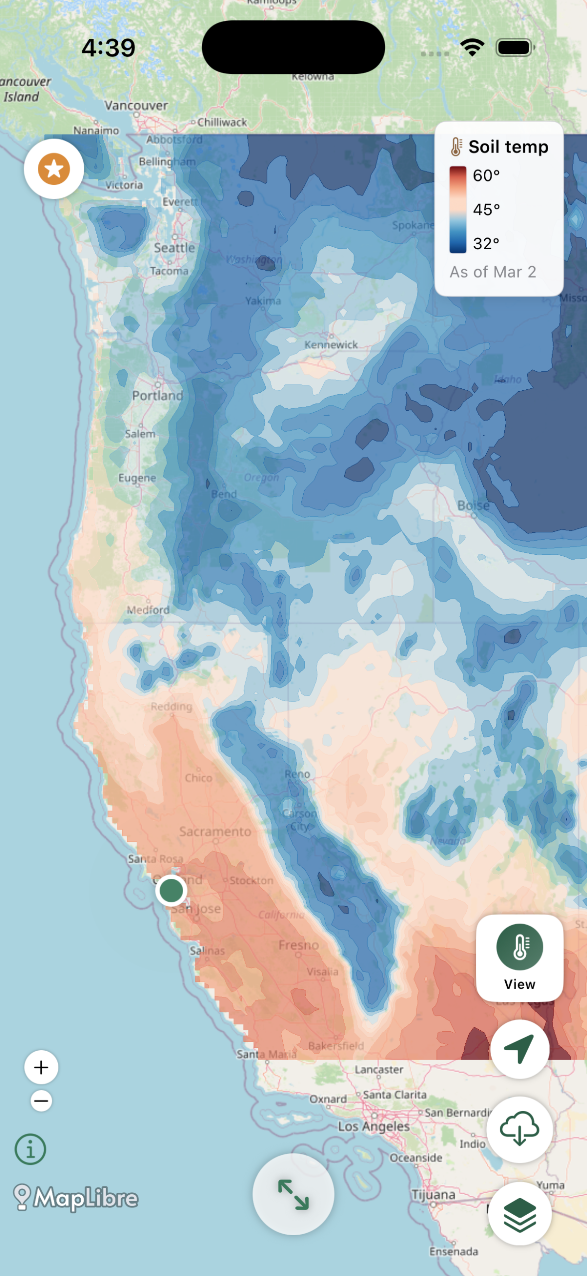Forayz app showing real-time soil temperature data for morel hunting